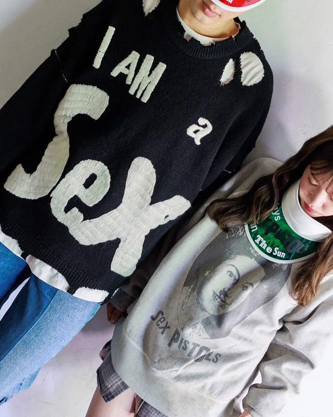 SAINT Mxxxxxx × Sex Pistols SP_CREW KNT/IAMA/BLK SEX PISTOLS band joint model destroyed hand-embroidered sweater, black S-XL, original 85% wool/15% polyester fiber blend, super complex front and rear panels, large-area hand-embroidery, hand-cut destruction treatment, custom-made correct joint main mark/wash mark
